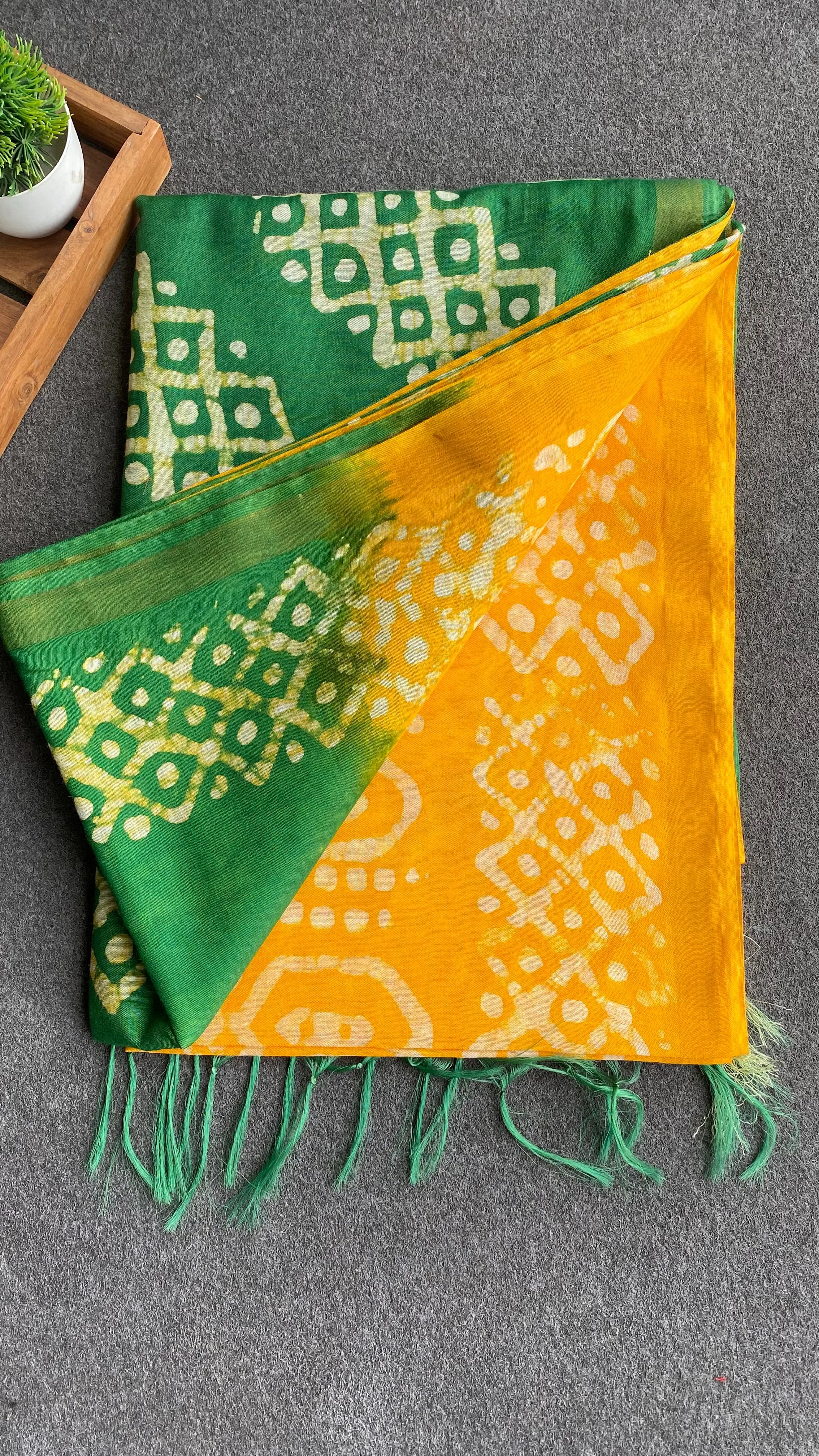 Yellow & green printed cotton saree with blouse