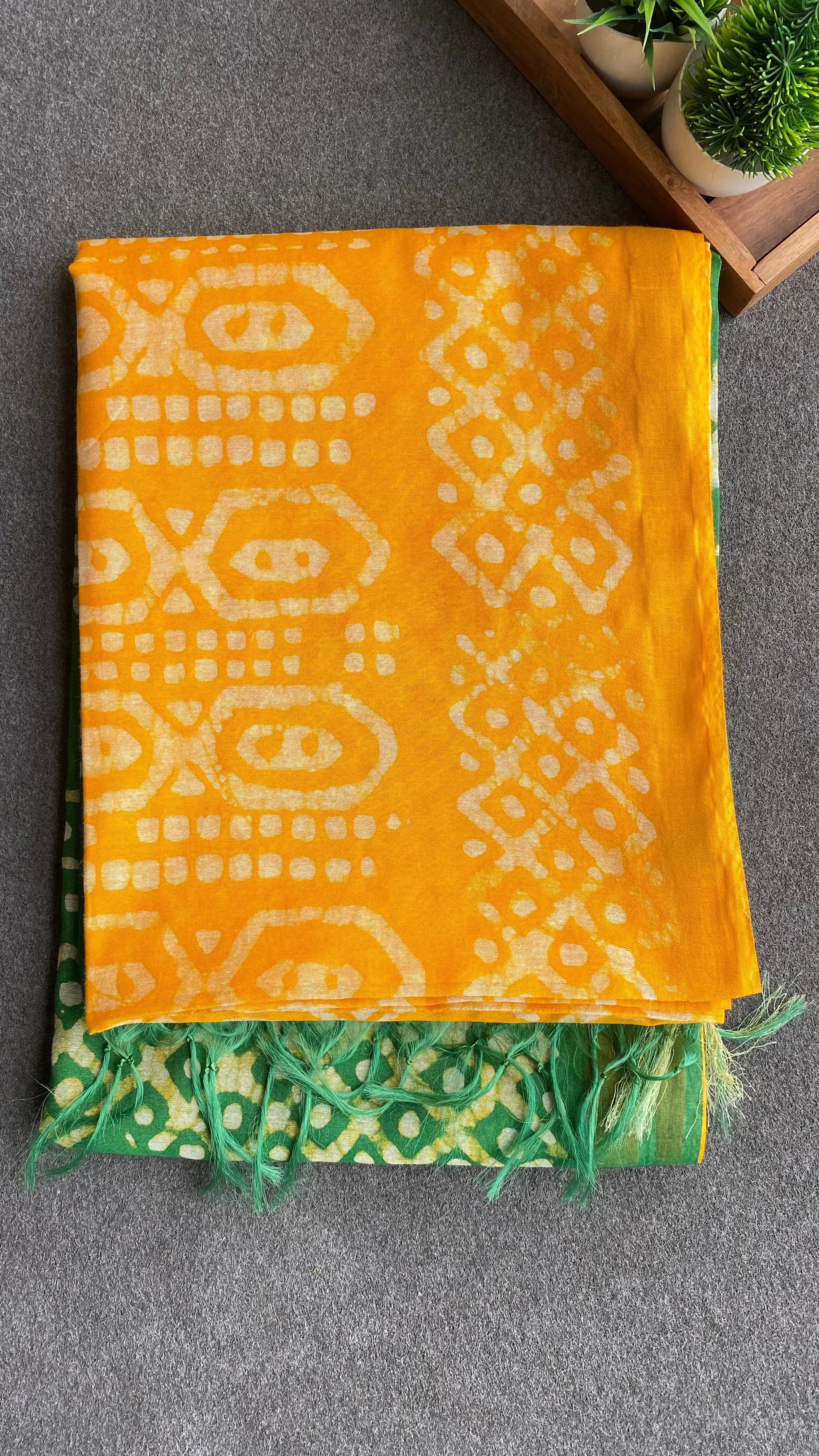 Yellow & green printed cotton saree with blouse
