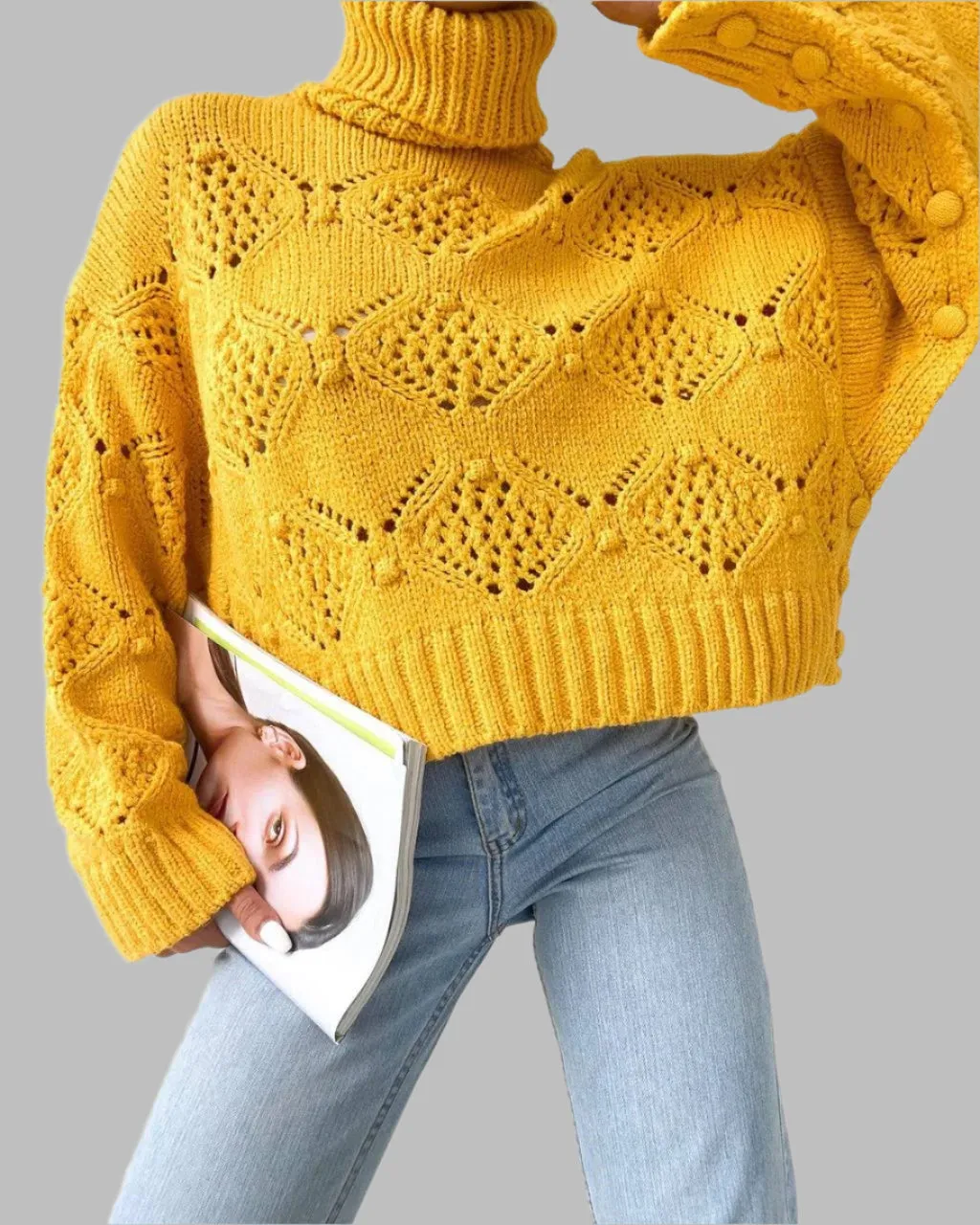 Yellow Button Detail Turtleneck Sweater